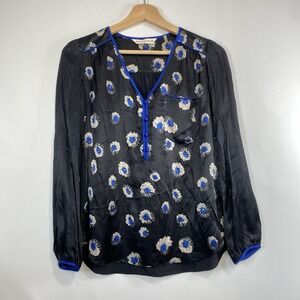 Rebecca Taylor Silk Blend Floral V-Neck Blouse Top Size 0 Romantic Boho Black